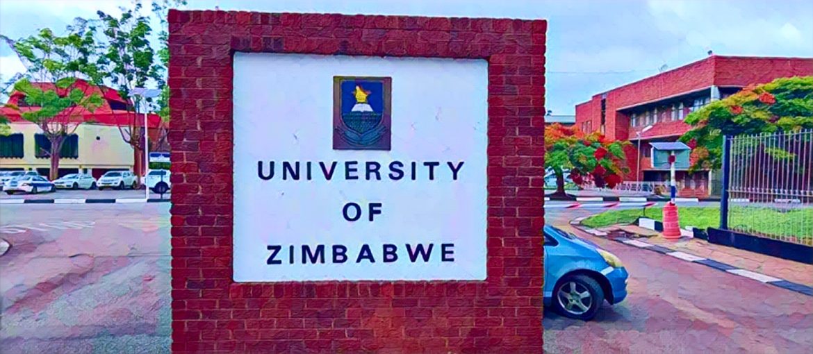 University of Zimbabwe building with students and lecturers protesting